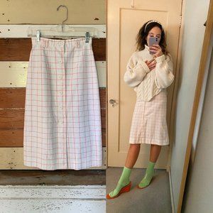 Vintage White Button Down Orange Grid Print Skirt